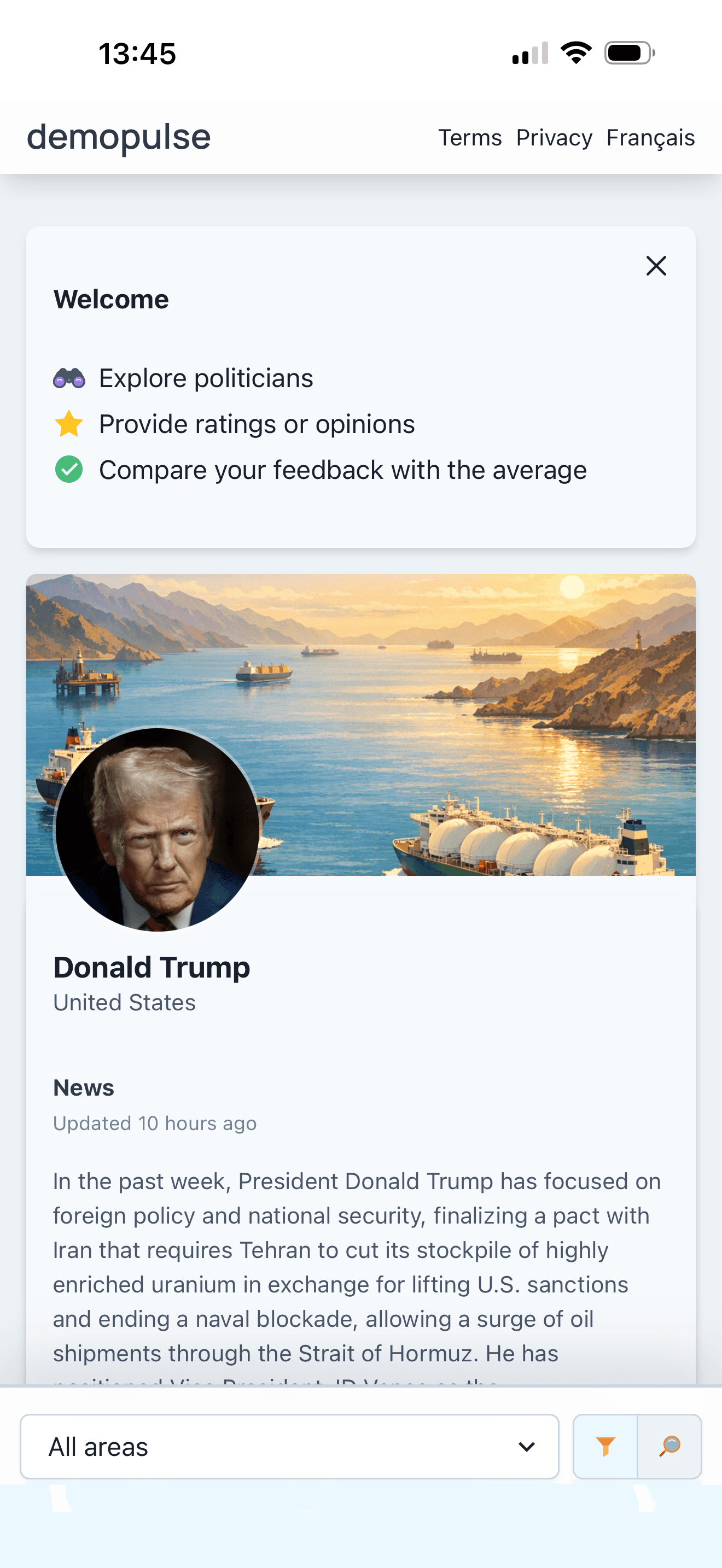 Demopulse welcome panel inviting users to explore politicians, provide ratings or opinions and compare feedback with the average.