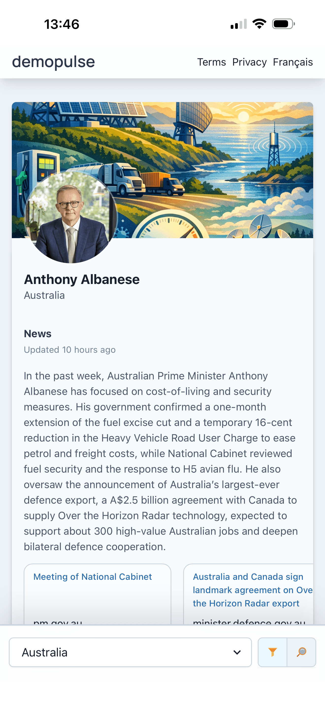 Demopulse leader profile showing Anthony Albanese, a current-news digest and source links.