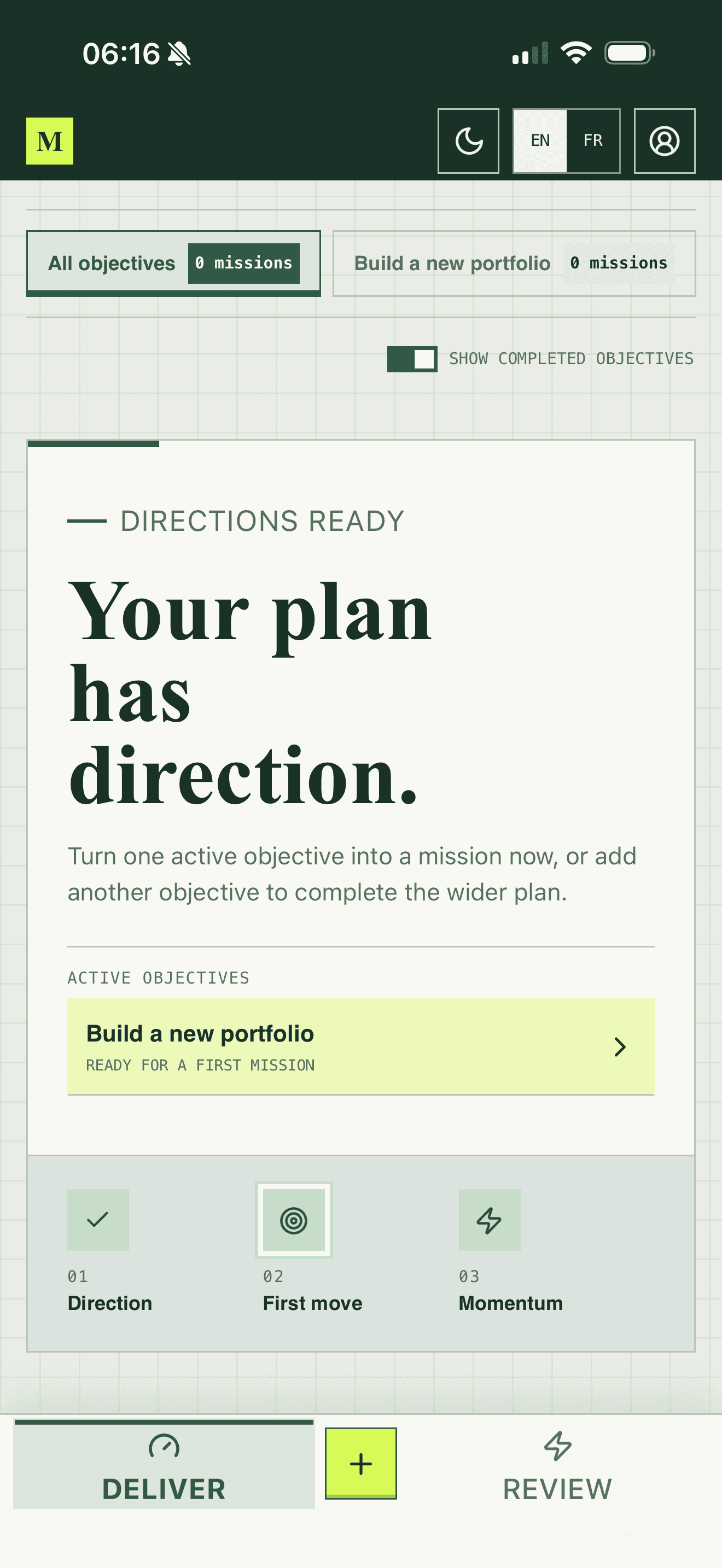 Magimica planning screen showing a selected direction and actions to refine the plan or generate missions.