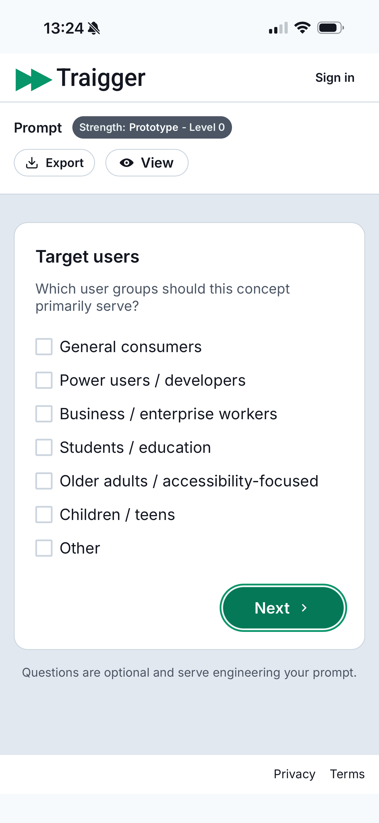 Traigger prompt engineering screen asking an optional multiple-choice question about target users.