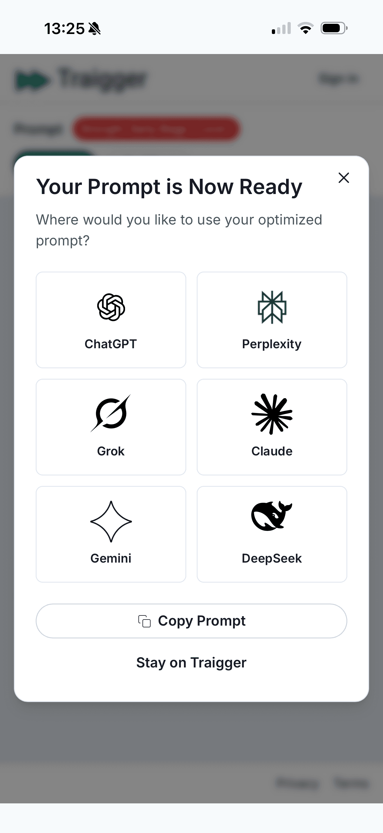 Traigger handoff dialog offering ChatGPT, Perplexity, Grok, Claude, Gemini and DeepSeek destinations.